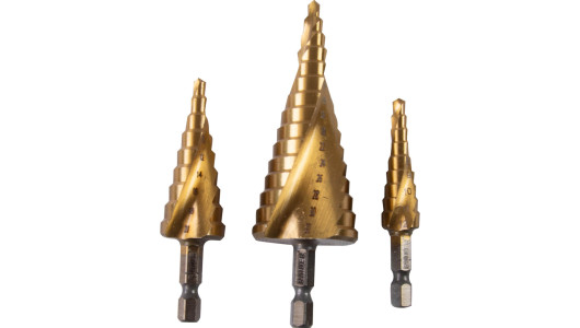 Step Drill Bits Hex Shank 1/4" HSS &Oslash;4-12,4-20,4-32mm Set image