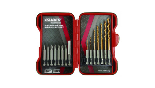 Накрайници и свредла 1/4" 15 бр. К-т RAIDER image